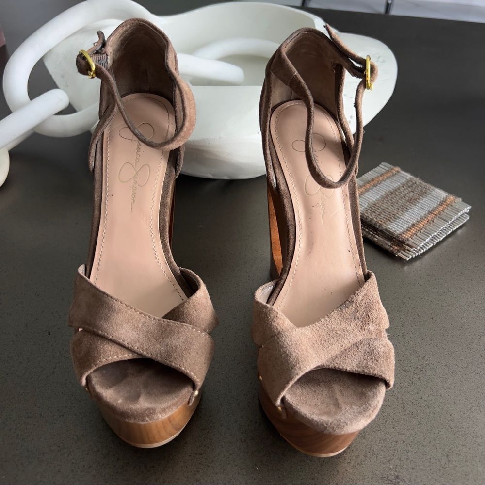 JESSICA SIMPSON Nikki Coffee Veronica Suede Wedge Heels Size 37B